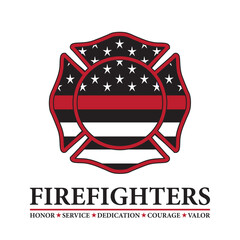 Fire department icon with black and white American flag and thin red line to support firefighters of America. Acknowledging first responders 
