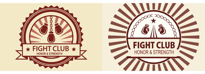 Fototapeta premium Retro fight club insignias with boxing gloves, sunburst lines, strong badge shapes, motivational slogan “Honor & Strength”, designed in warm tones