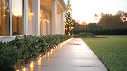 Obraz premium Home exterior pathway with warm lighting