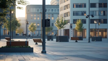 Obraz premium Fictional Daytime City Square Scene with Discreet Security Cameras and Modern Buildings 