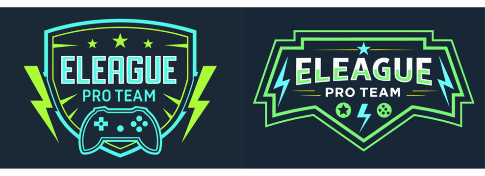 Futuristic E-League pro gamer team logos with glowing gamepad icons, lightning graphics, stars, neon edges, and cyber-inspired color scheme