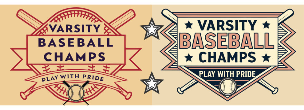 Classic varsity baseball championship emblems with crossed bats, vintage stars, bold lettering, and motivational banner saying “Play with Pride”