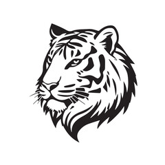 Black and White Vector Illustration of a Bold Fierce Tiger's Face Portrait. Tiger's head silhouette. 