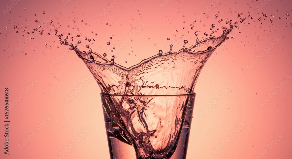 Poster water splashes dramatically out of a glass, creating a dynamic crown shape against a soft pink backg
