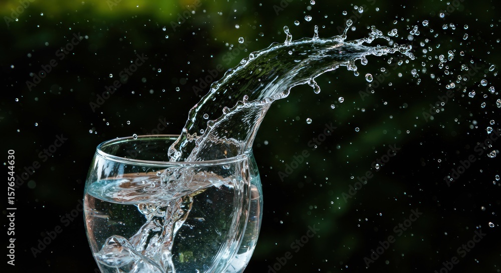Poster water splashes dynamically from a clear glass, creating a curved arc against a blurred green backgro