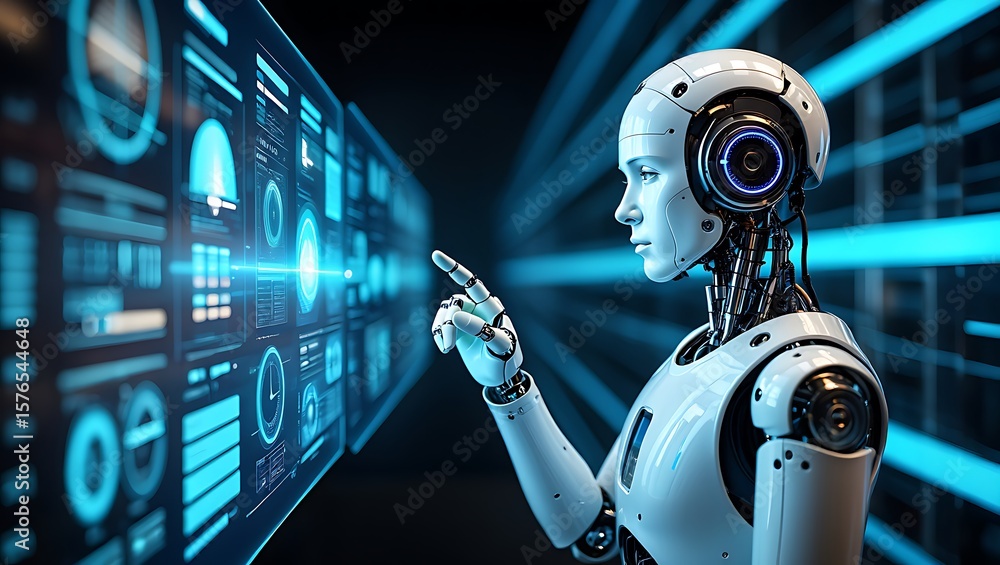 Poster futuristic robot interacting with digital interface, advanced ai technology and human-machine collab