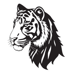 Black and White Vector Illustration of a Bold Fierce Tiger's Face Portrait. Tiger's head silhouette. 
