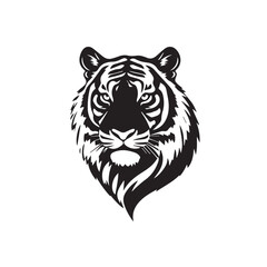 Black and White Vector Illustration of a Bold Fierce Tiger's Face Portrait. Tiger's head silhouette. 