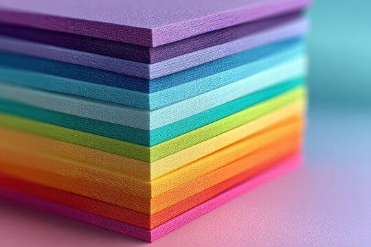 Sheets of colorful paper stacked creating a rainbow spectrum, arranged neatly on a pink surface