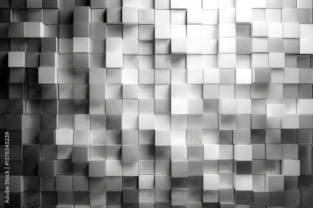 Poster grey scale abstract cubic wall featuring subtle lighting and slight variations in cube heights to ad