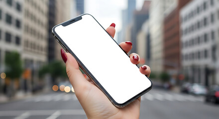Mobile phone in hand displays blank screen against a city street backdrop, ideal for showcasing app designs or digital interfaces.