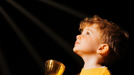 child from low angle clutching gold trophy and looking skyward