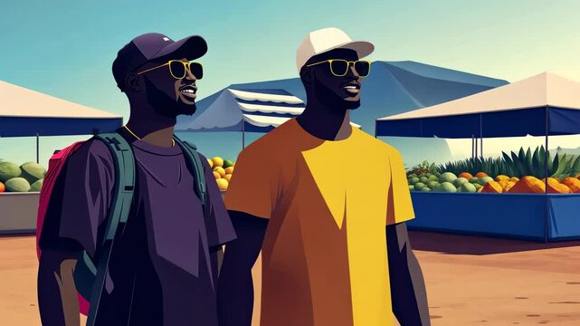 Two friends enjoying a sunny day at an outdoor market