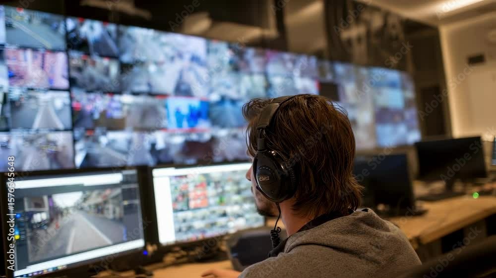 Poster a serene atmosphere captures a user engaged in live video surveillance adorned with stylish headphon