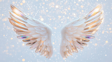 Fototapeta premium ethereal angel wings with glittering iridescent plumes floating