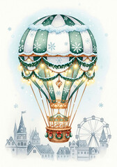 Magical Winter Hot Air Balloon with Lights Over Festive Town - Perfect Holiday Illustration Art