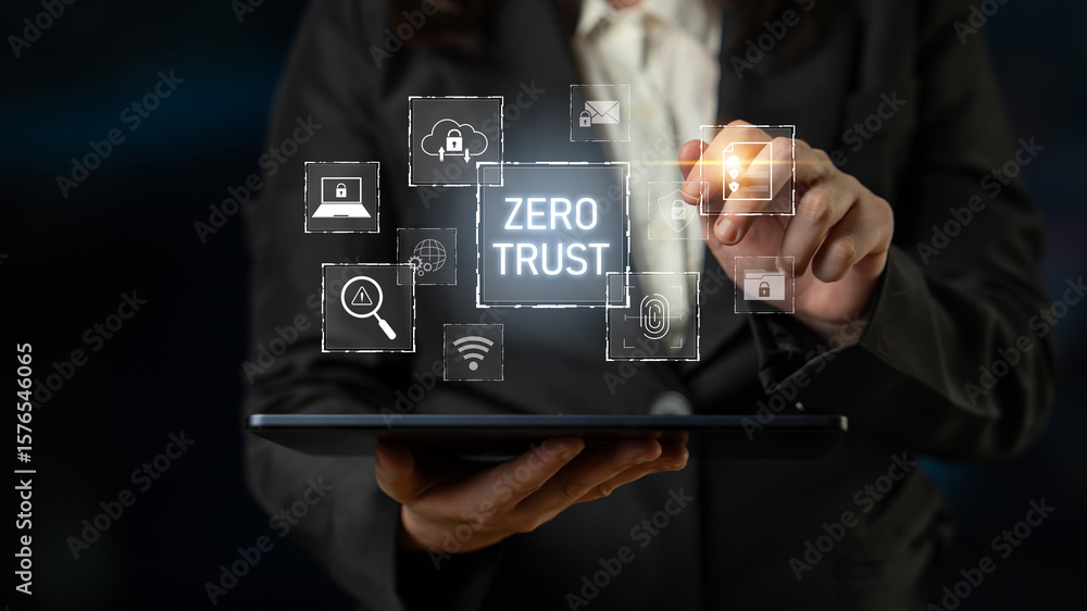 Poster zero trust model enhances data protection. zero trust blocks unauthorized access, secures devices, z