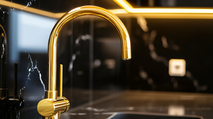 luxury kitchen sink with gold faucet and dark marble countertop