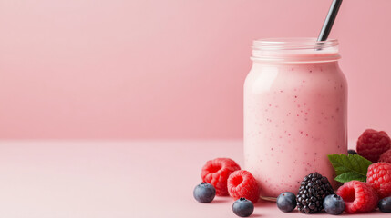 mixed berries smoothie in glass jar with straw