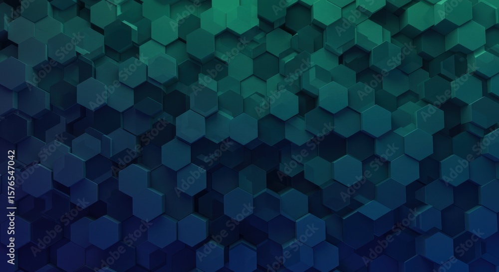 Poster abstract geometric pattern of overlapping teal and navy hexagons.
