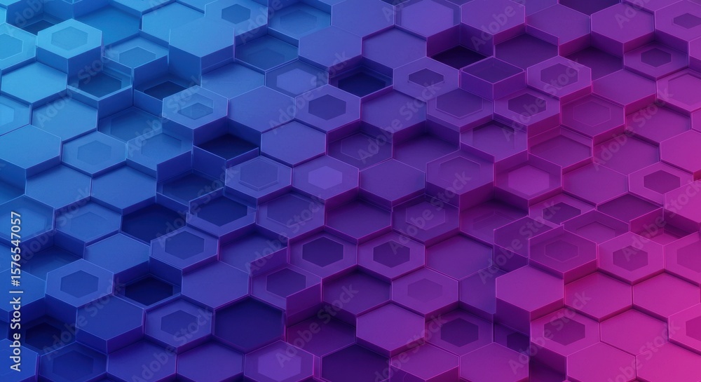 Poster abstract hexagonal pattern in vibrant blue and purple hues, creating a three-dimensional, textured e