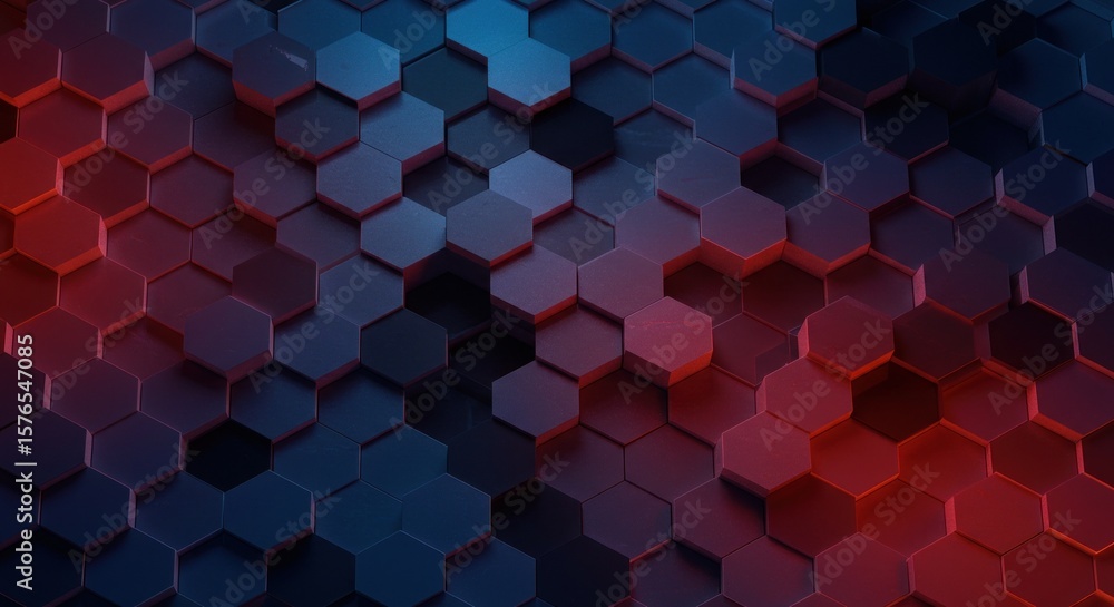 Poster abstract geometric background featuring a pattern of dark blue and red illuminated hexagons.