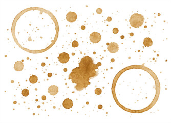 "Abstract background of coffee stains and rings on white, creating a natural and organic texture pattern."
