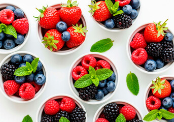 Mixed berries assortment on white background for summer food visuals, healthy lifestyle content or nutrition branding