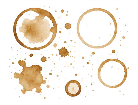 "Abstract background of coffee stains and rings on white, creating a natural and organic texture pattern."
