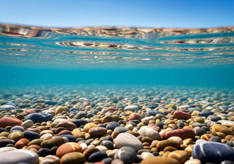 Crystal-Clear Underwater Pebbles with Blue Sky, Ideal for Travel, Nature, or Spa Design Projects