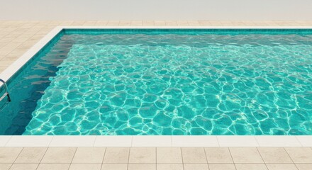 A rectangular swimming pool filled with clear turquoise water, surrounded by a tiled deck.