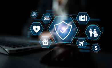 Security and insurance concept showing protection coverage for health, travel, home, car, life, and...