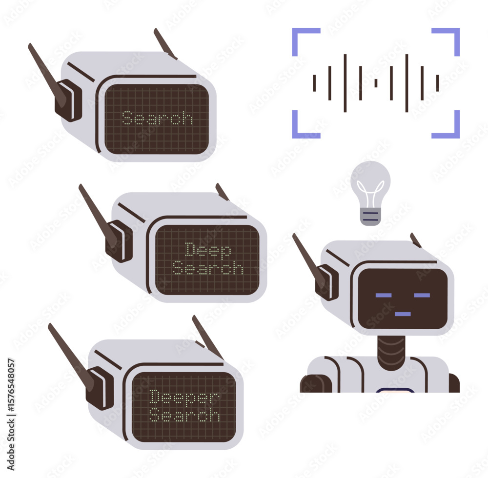 Poster robots with search levels from basic to deeper, humanoid robot head, audio wave, and lightbulb. idea