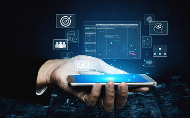 Project management dashboard showing timeline, tasks, milestones, and workflows for planning,...