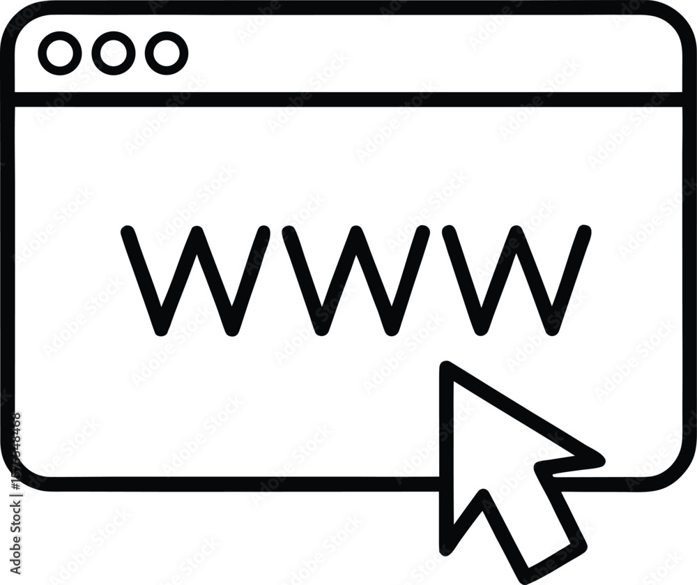 Poster Minimalist line icon of a web browser window with www and a mouse cursor isolated on transparent background