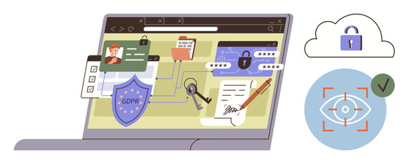Laptop with GDPR shield, locked folder, digital keys, cloud security, biometric verification, document signing. Ideal for data protection, online privacy, cybersecurity compliance encryption cloud