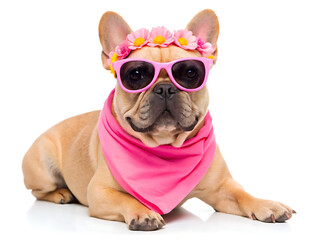 A french bulldog lying down wearing pink sunglasses a flower crown and a pink scarf on a white background