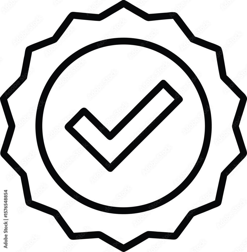 Poster line art icon of a paper document with a checkmark badge isolated on transparent background