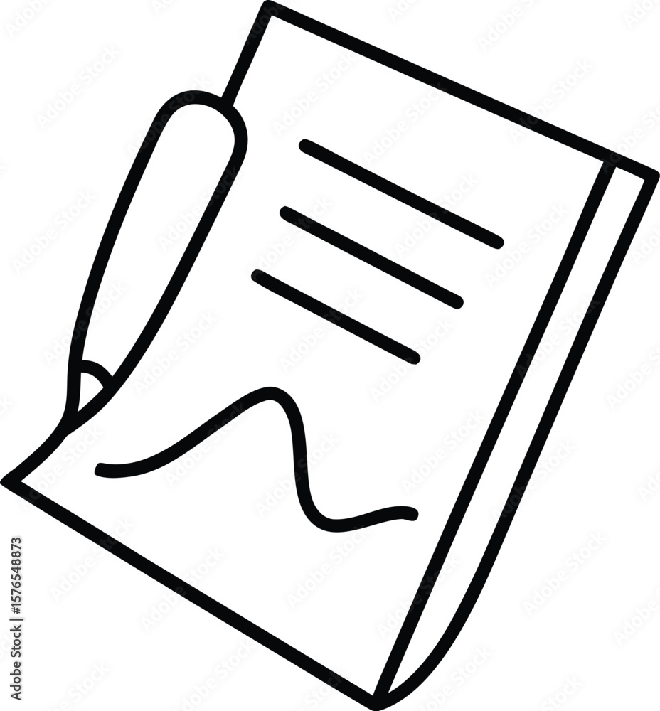 Poster simple line art icon of a signed paper document isolated on transparent background
