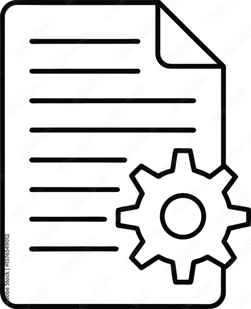 Poster line icon of a document with a small gear symbol isolated on transparent background