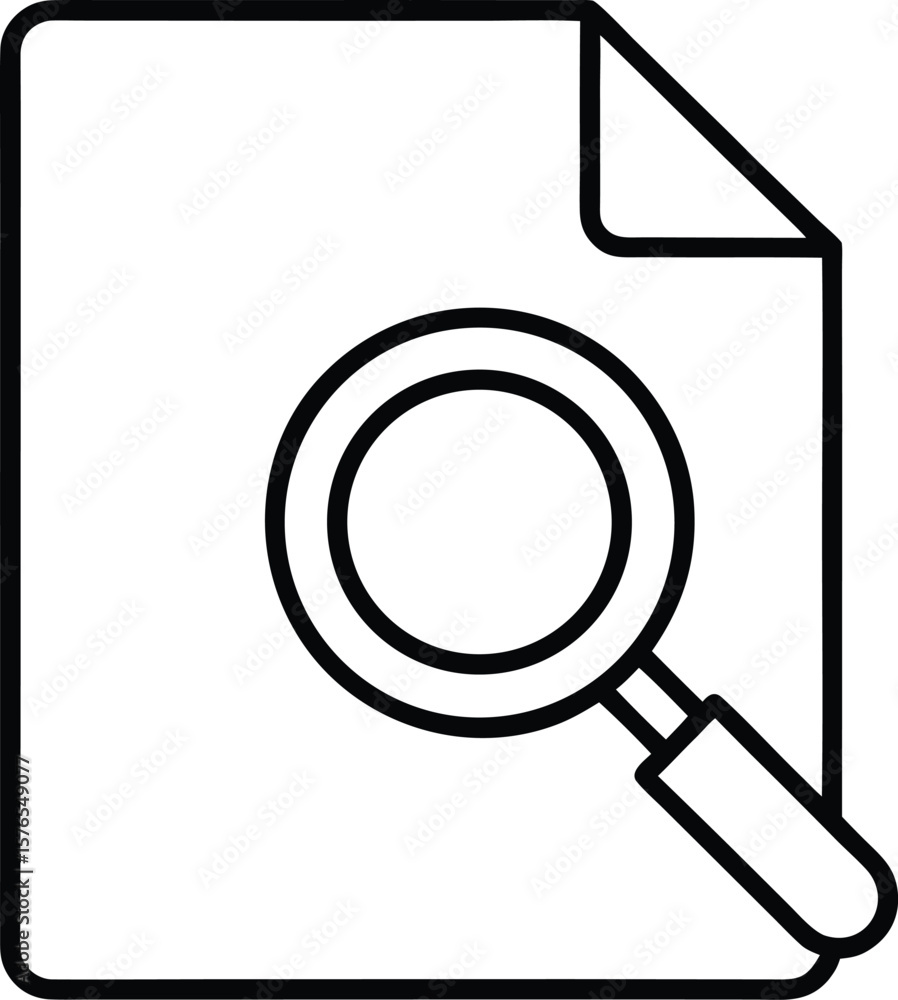 Poster Clean line art icon of a file document with a magnifying glass symbol for search and analysis isolated on transparent background