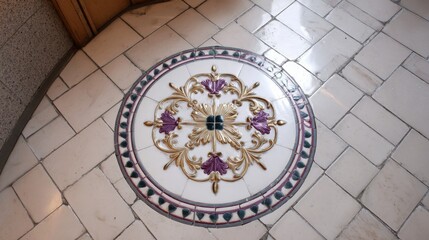Intricate floral mosaic on tiled floor in decorative interior design