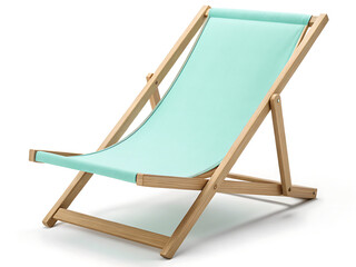 A light blue canvas beach chair with a wooden frame on a white background in a studio setting