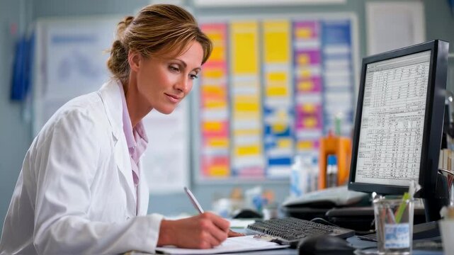 A mature woman dressed in professional attire analysis test results displayed on her computer while writing observations on a clipboard. The background features a bulletin board filled