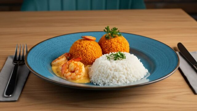 Elegant dish of shrimp bob&oacute; with white rice, served on a blue ceramic plate on a modern table