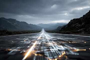 Illuminated data flow over asphalt road leading through mountains under stormy sky