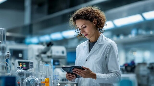 A female pharmacist specialist stands at a lab bench skillfully dissecting a complex molecular structure using advanced analytical instruments. Her attention to detail is evident as