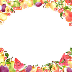 Watercolor frame with assorted summer fruits and green leaves on transparent background