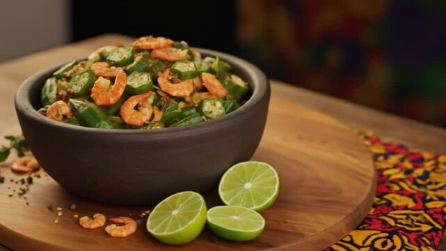 Brazilian caruru served in a traditional bowl with okra, dried shrimp and spicy seasoning