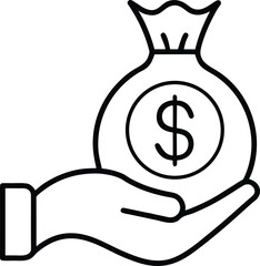 Line art icon of a human hand grasping a money bag with a dollar sign isolated on transparent background